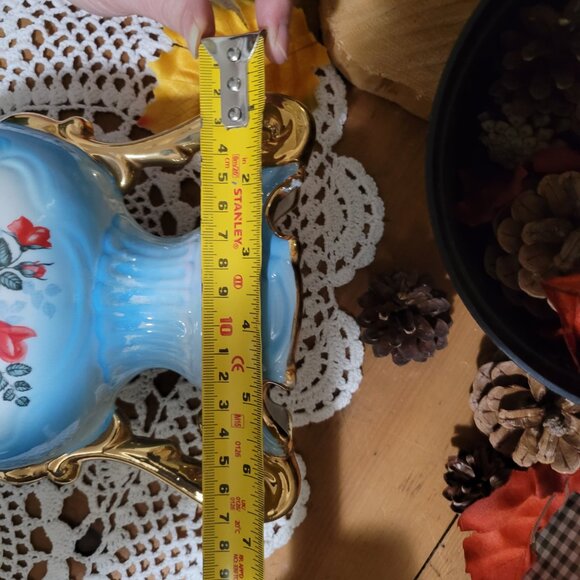 Blue Vintage Italian Porcelain Urn Vase with Pink Roses - Picture 13 of 13